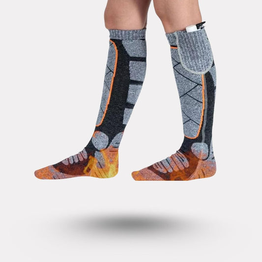 Battery-powered heated winter socks that warm the toes, worn up to mid-calf
