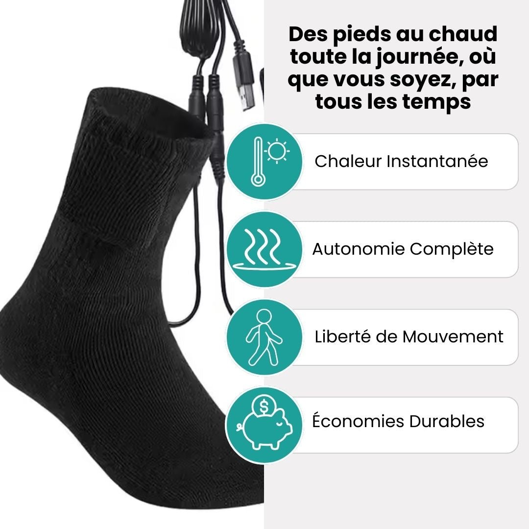 Rechargeable heated socks with a battery pack sitting at the top of the calf