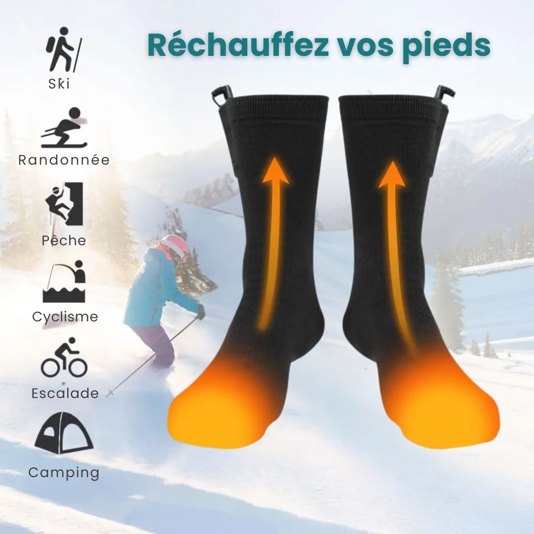 Rechargeable heated socks with a battery pack sitting at the top of the calf