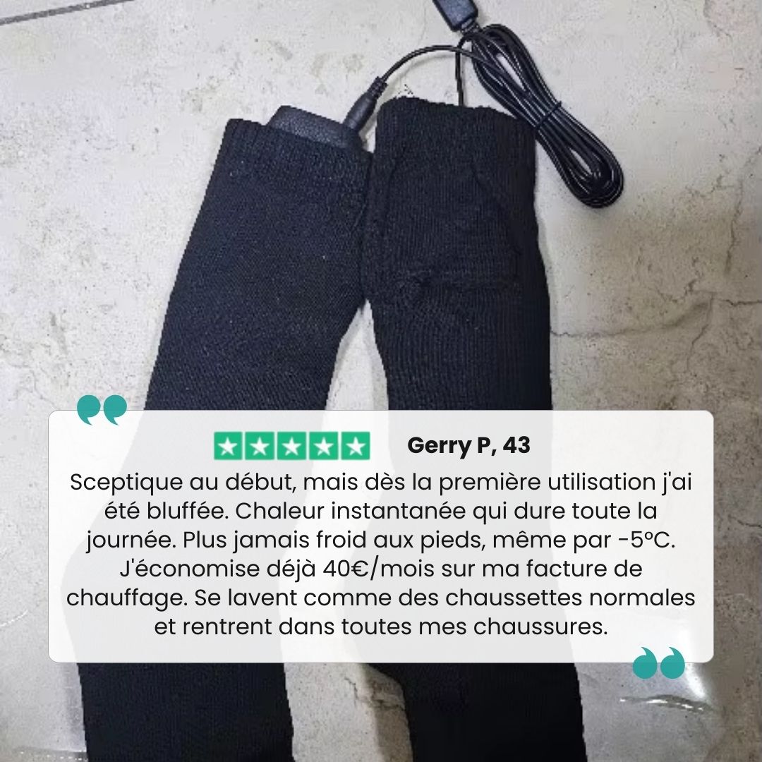 Rechargeable heated socks with a battery pack sitting at the top of the calf