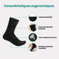 Rechargeable heated socks with a battery pack sitting at the top of the calf