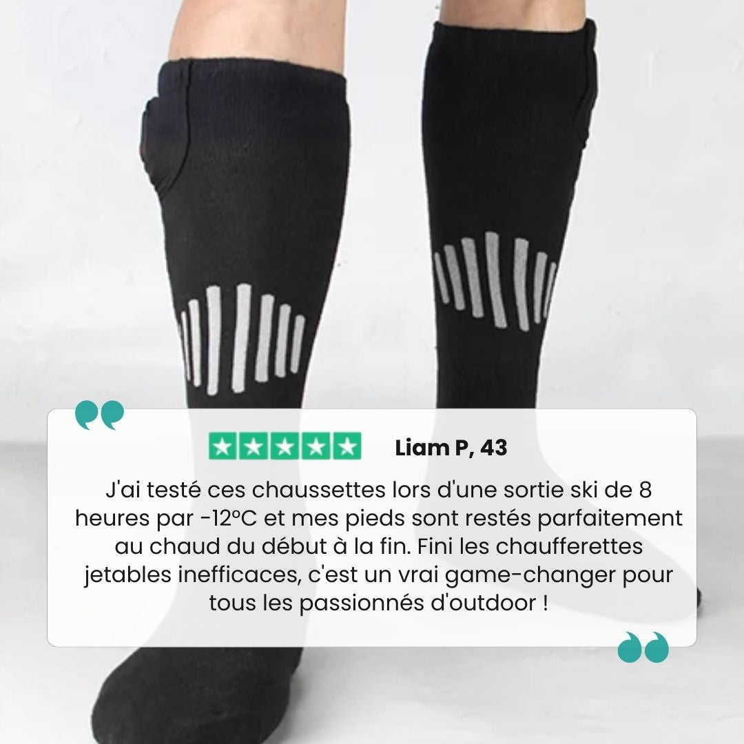 Heated sport socks with a battery pocket at the top of the calf