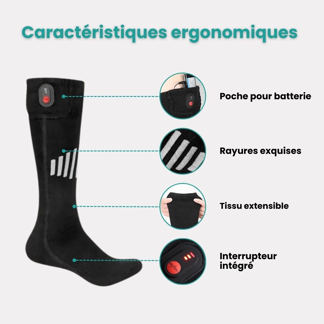 Heated sport socks with a battery pocket at the top of the calf