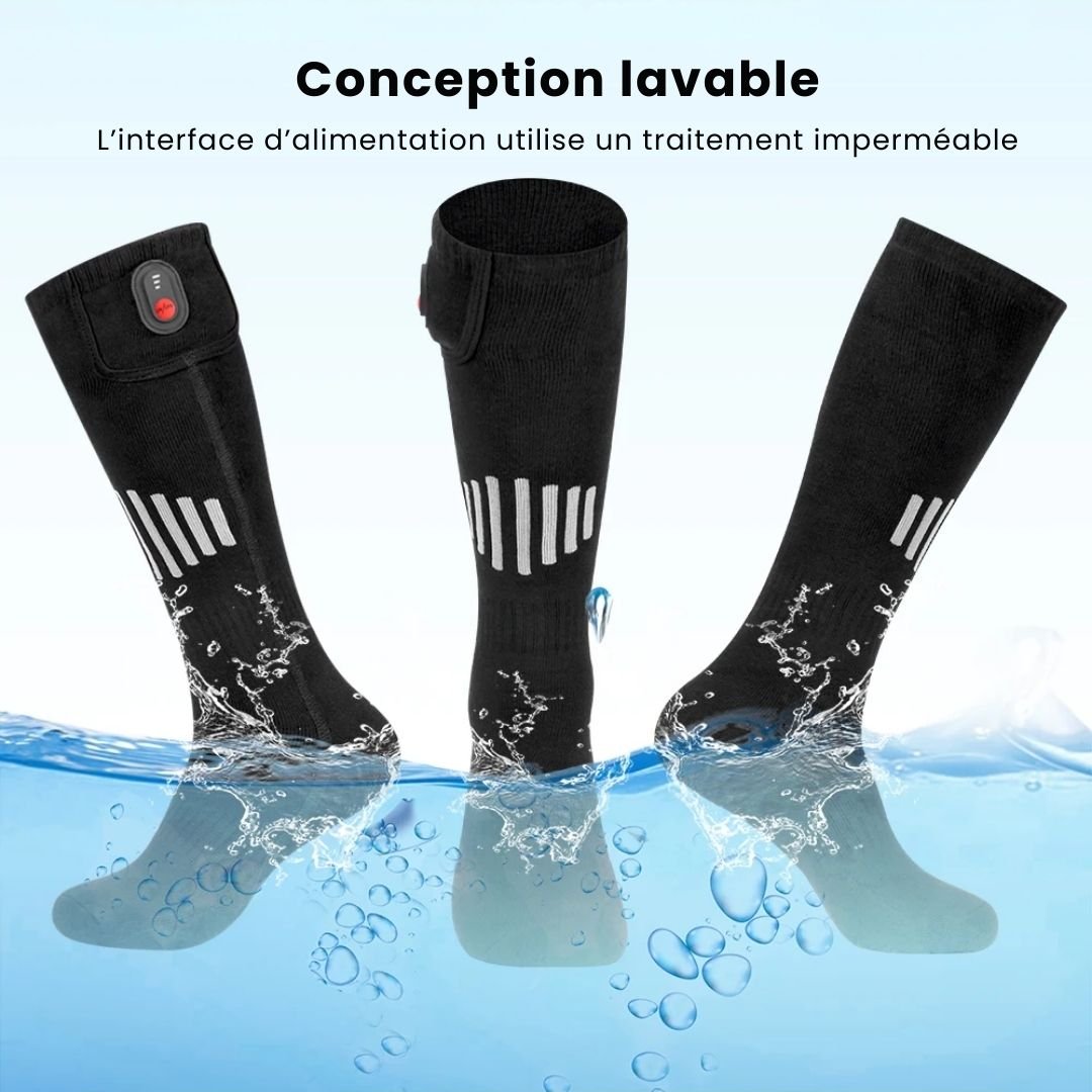 Heated sport socks with a battery pocket at the top of the calf