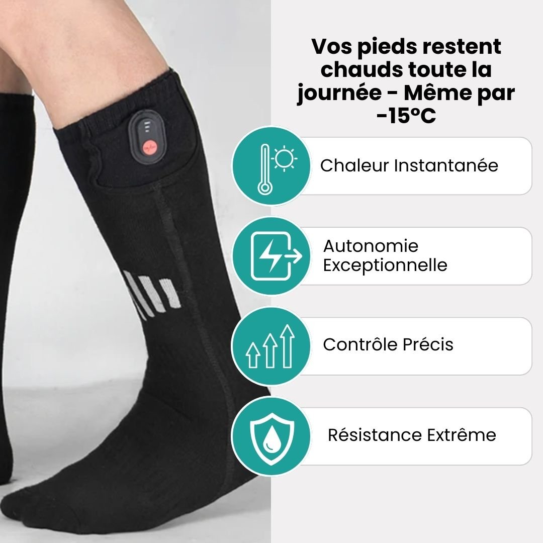 Heated sport socks with a battery pocket at the top of the calf