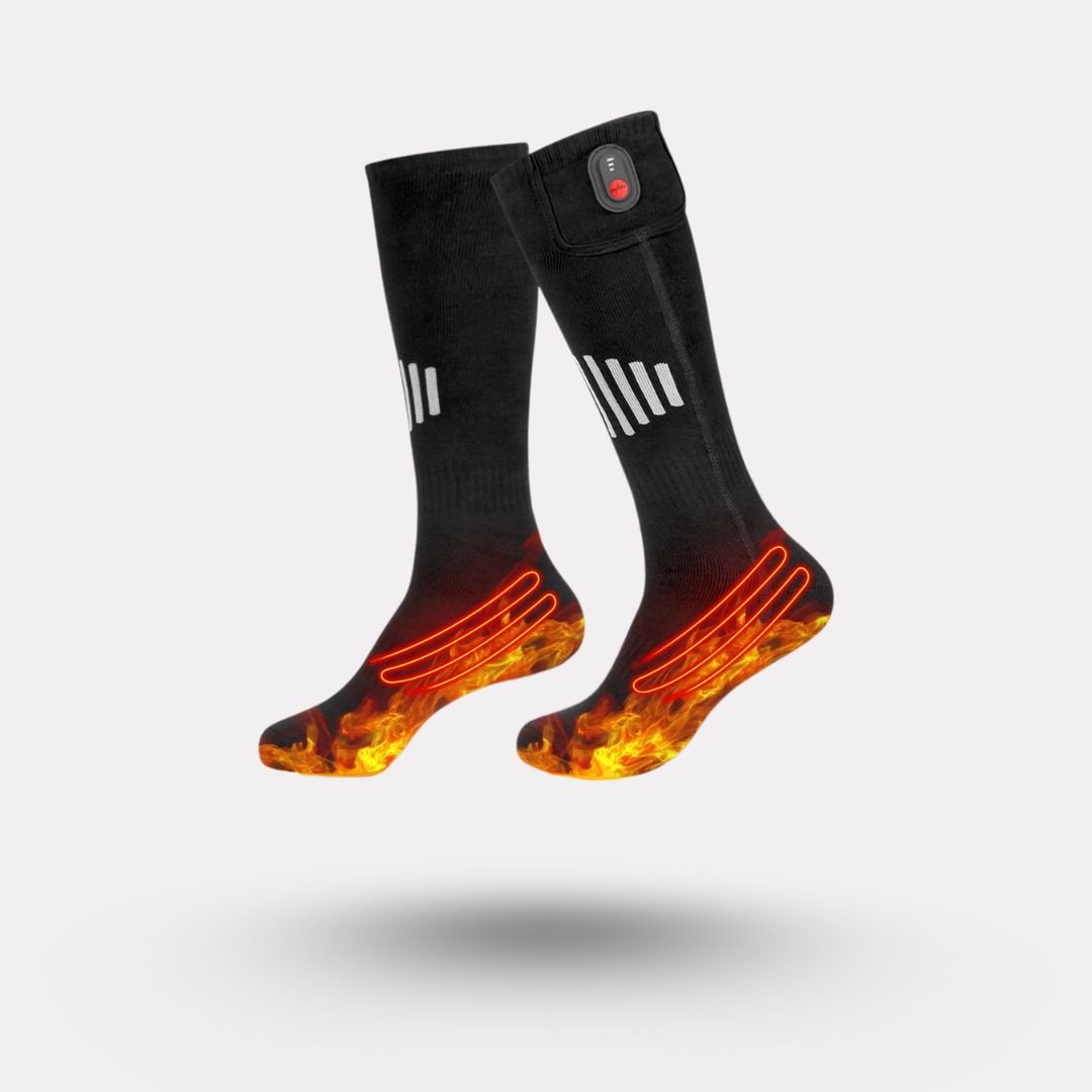 Heated sport socks with a battery pocket at the top of the calf