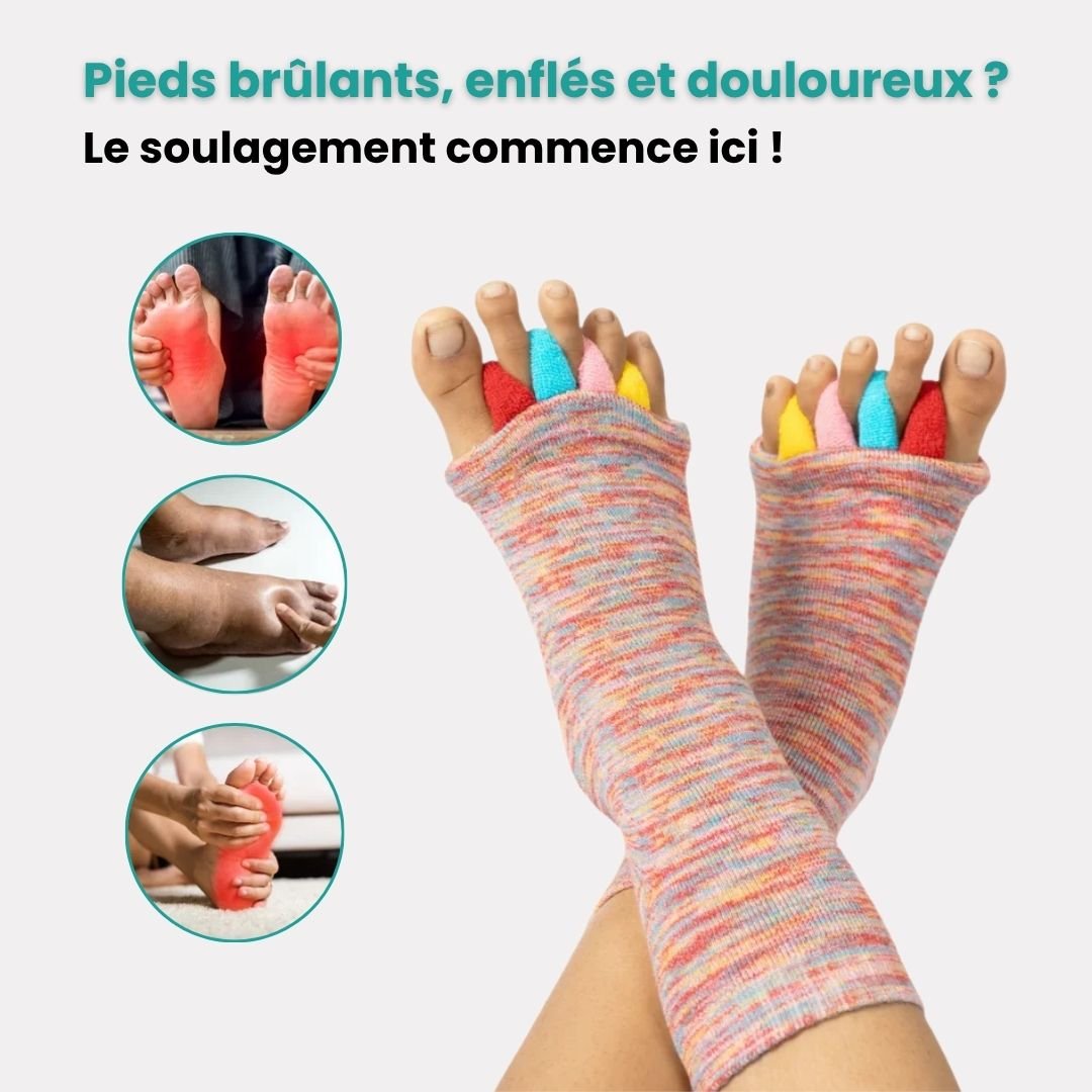 Bunion correction socks in black, gray, green and blue, worn over the forefoot and big toe