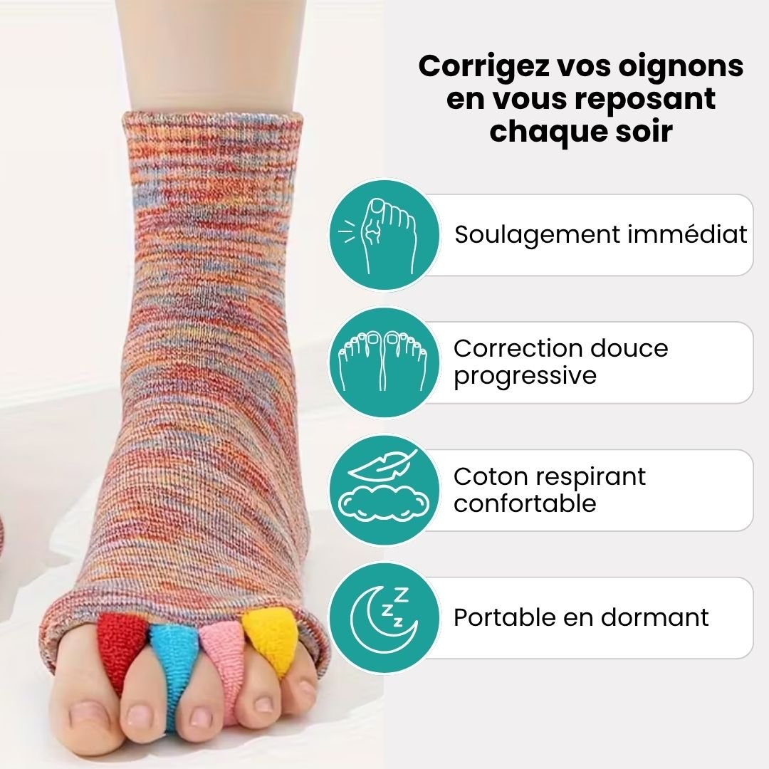 Bunion correction socks in black, gray, green and blue, worn over the forefoot and big toe
