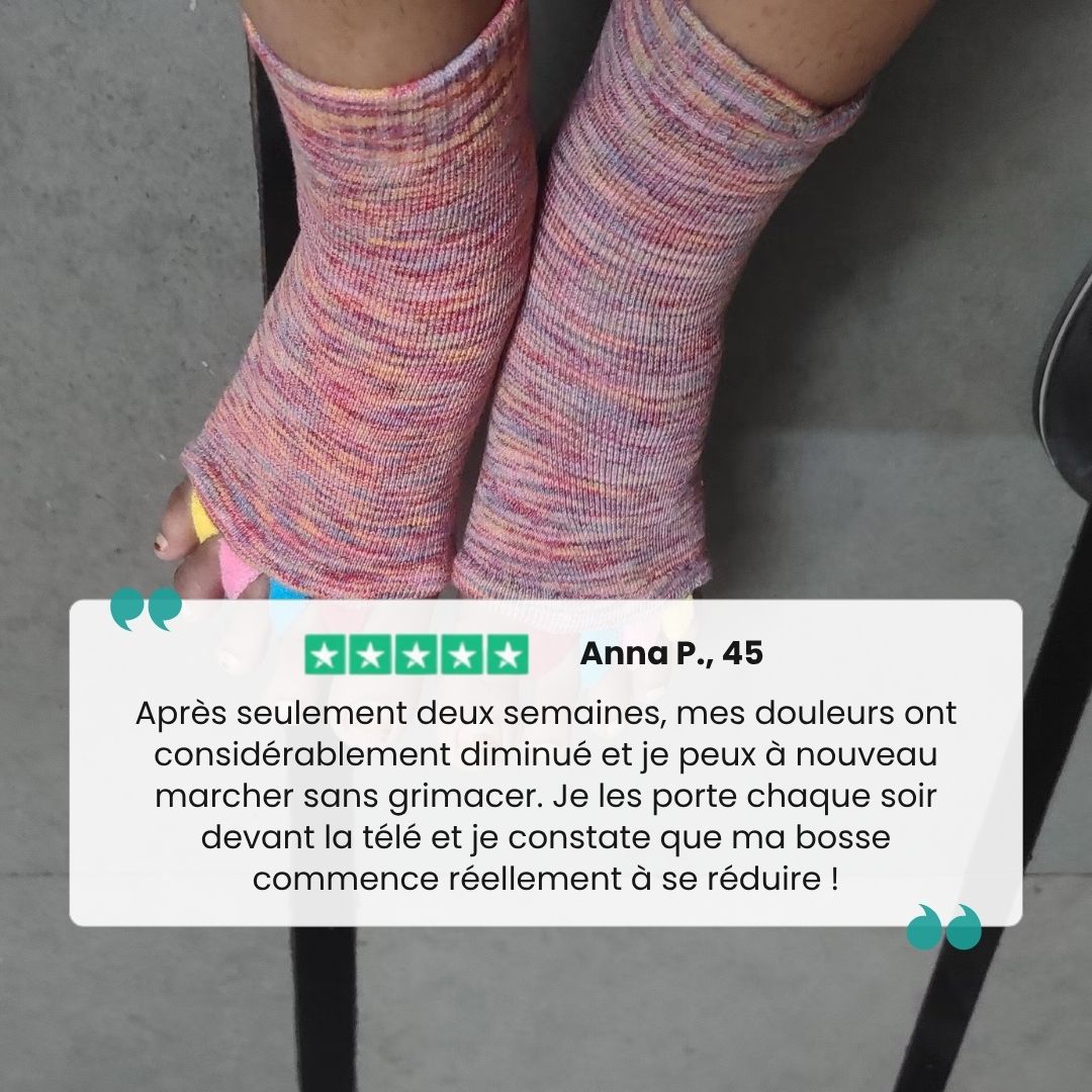 Bunion correction socks in black, gray, green and blue, worn over the forefoot and big toe