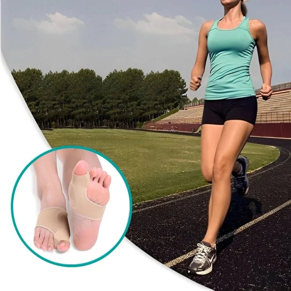 Bunion correction sock with separated toe loops, worn over the forefoot inside a shoe