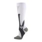 Black and white compression socks worn up the calf to support circulation