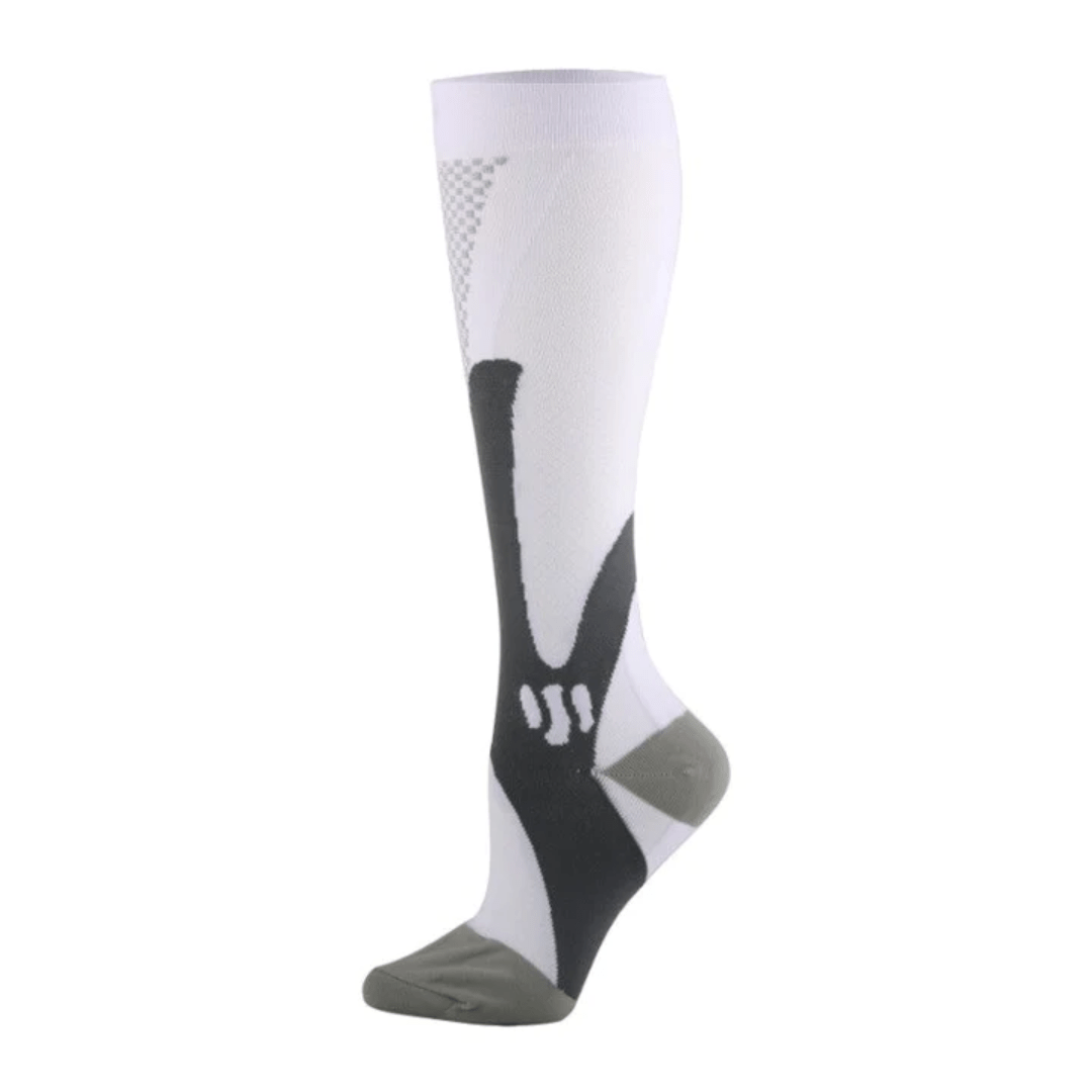 Black and white compression socks worn up the calf to support circulation