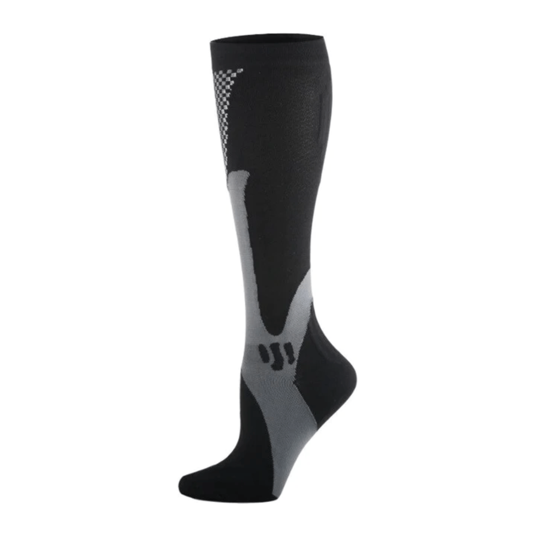 Black and white compression socks worn up the calf to support circulation