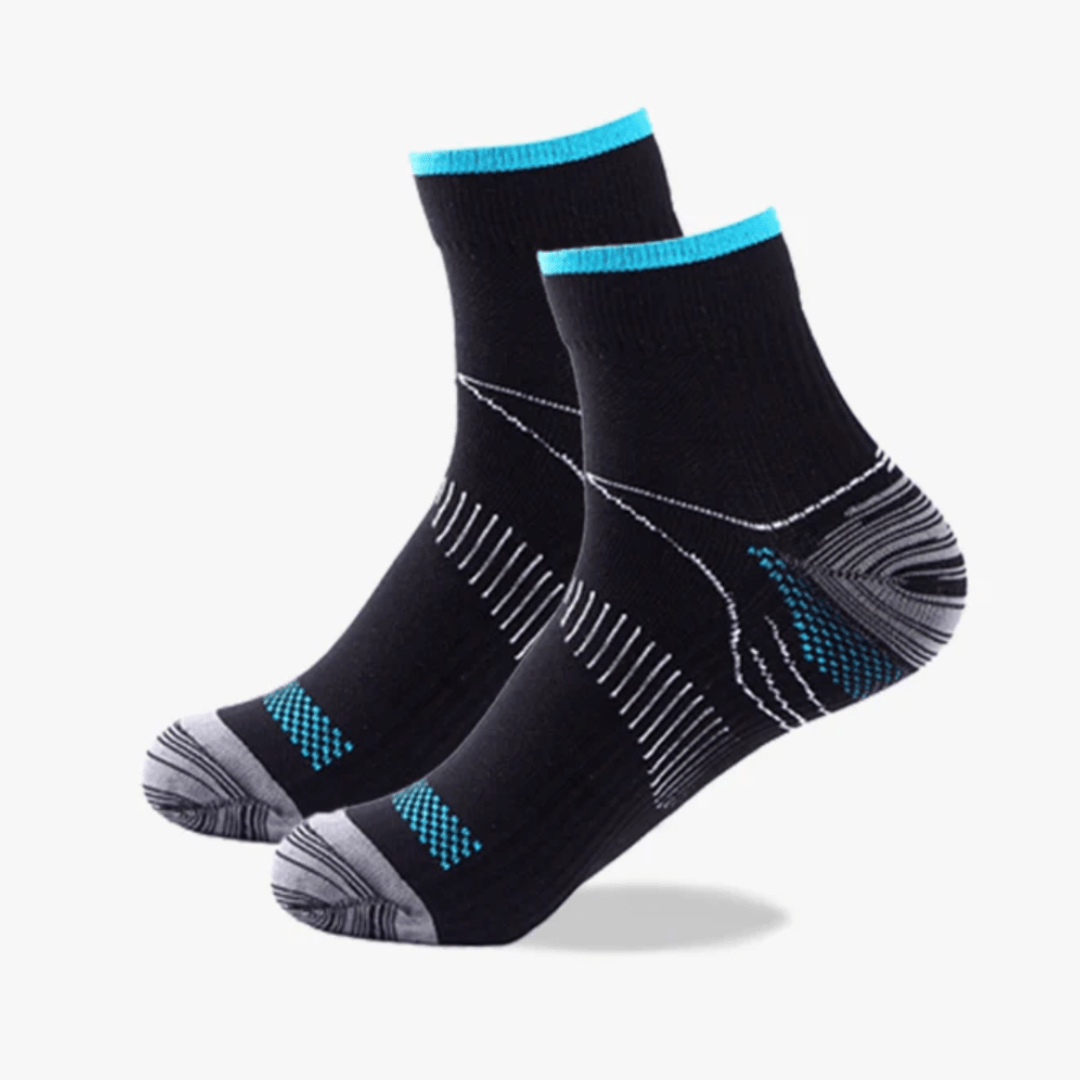 Soft compression socks for neuropathy, in blue and white, gray and white, and black and blue