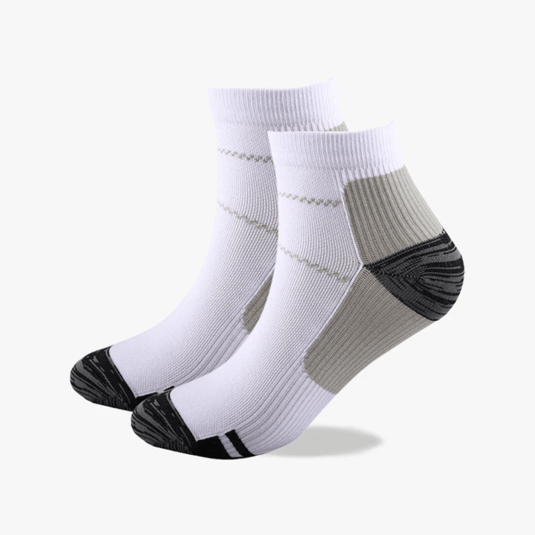 Knee-high compression socks with white panels along the calf, in blue, gray and black