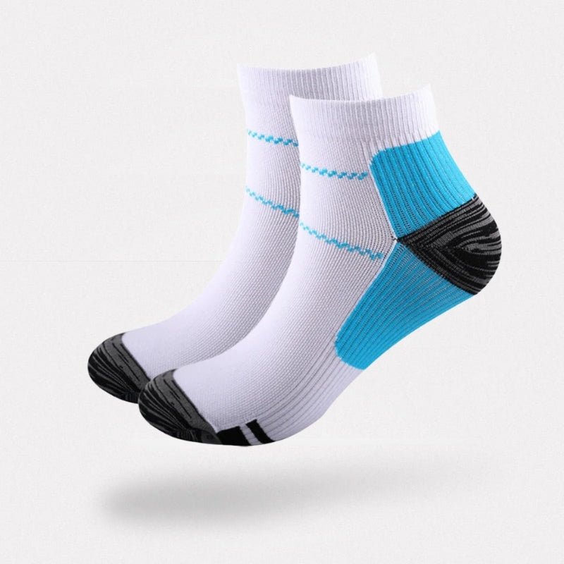 Soft compression socks for neuropathy, in blue and white, gray and white, and black and blue