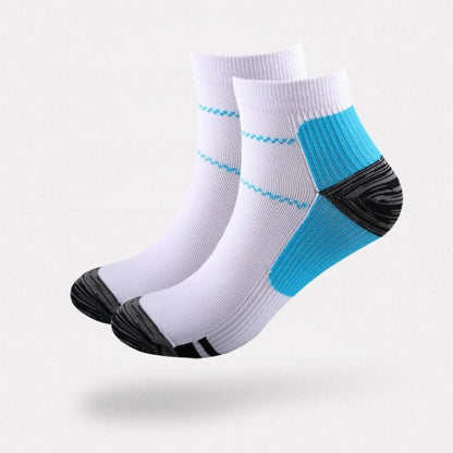 Soft compression socks for neuropathy, in blue and white, gray and white, and black and blue