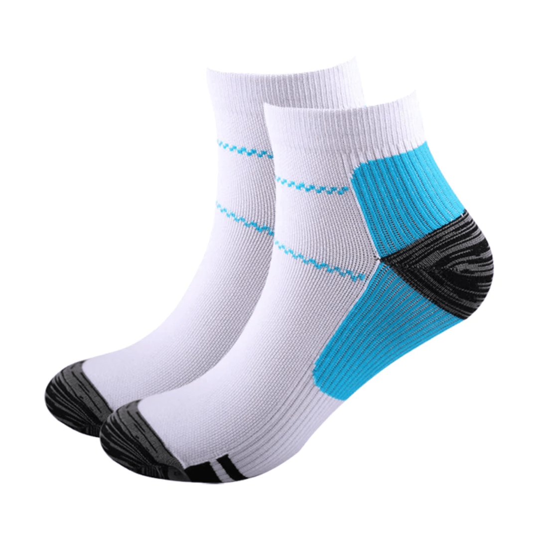 Soft compression socks for neuropathy, in blue and white, gray and white, and black and blue