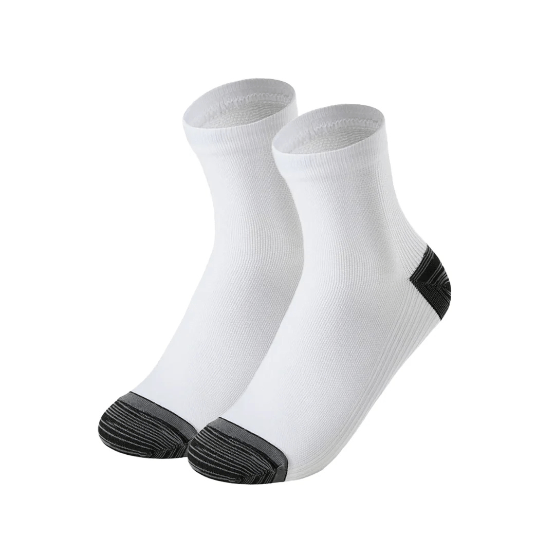 Gray compression socks with a firm band under the arch for plantar pain