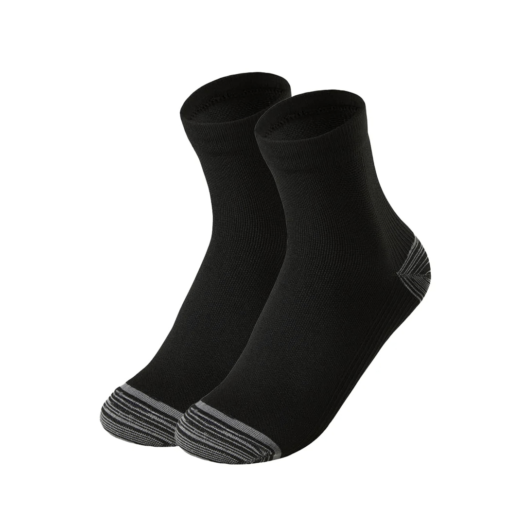 Gray compression socks with a firm band under the arch for plantar pain