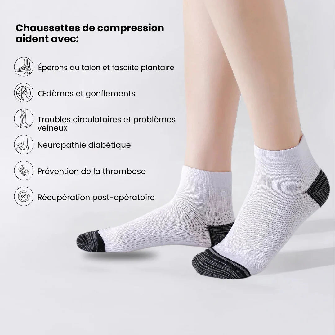 Gray compression socks with a firm band under the arch for plantar pain