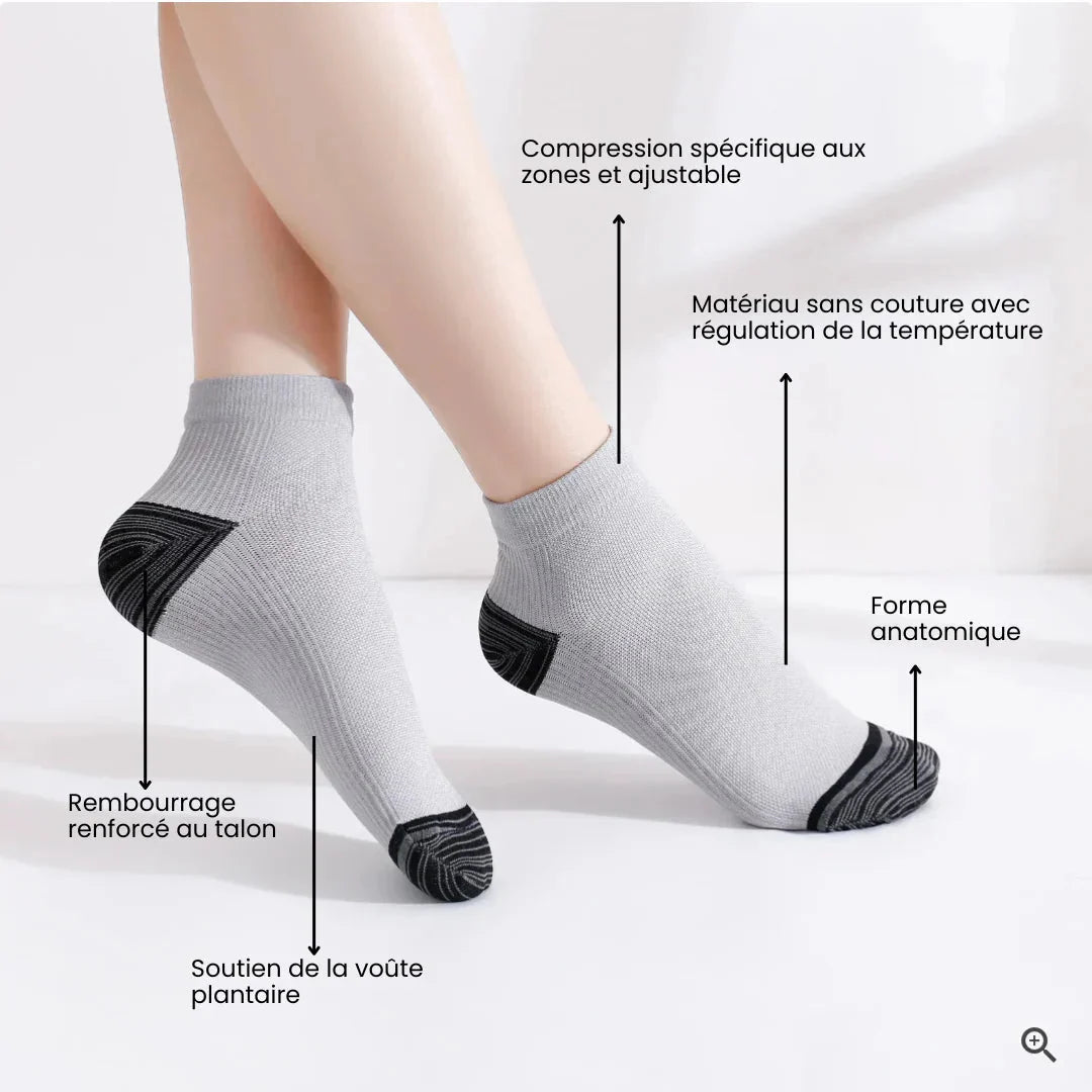 Gray compression socks with a firm band under the arch for plantar pain
