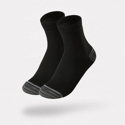 Gray compression socks with a firm band under the arch for plantar pain