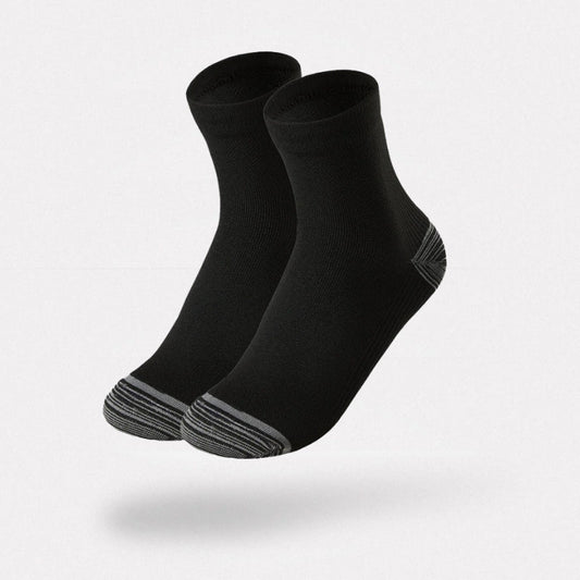 Gray compression socks with a firm band under the arch for plantar pain