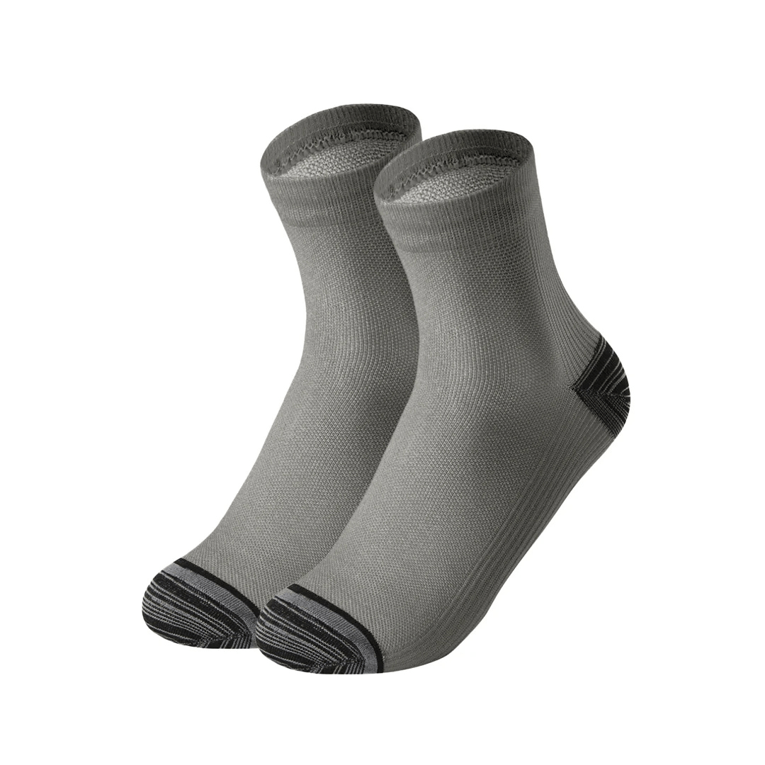 Gray compression socks with a firm band under the arch for plantar pain