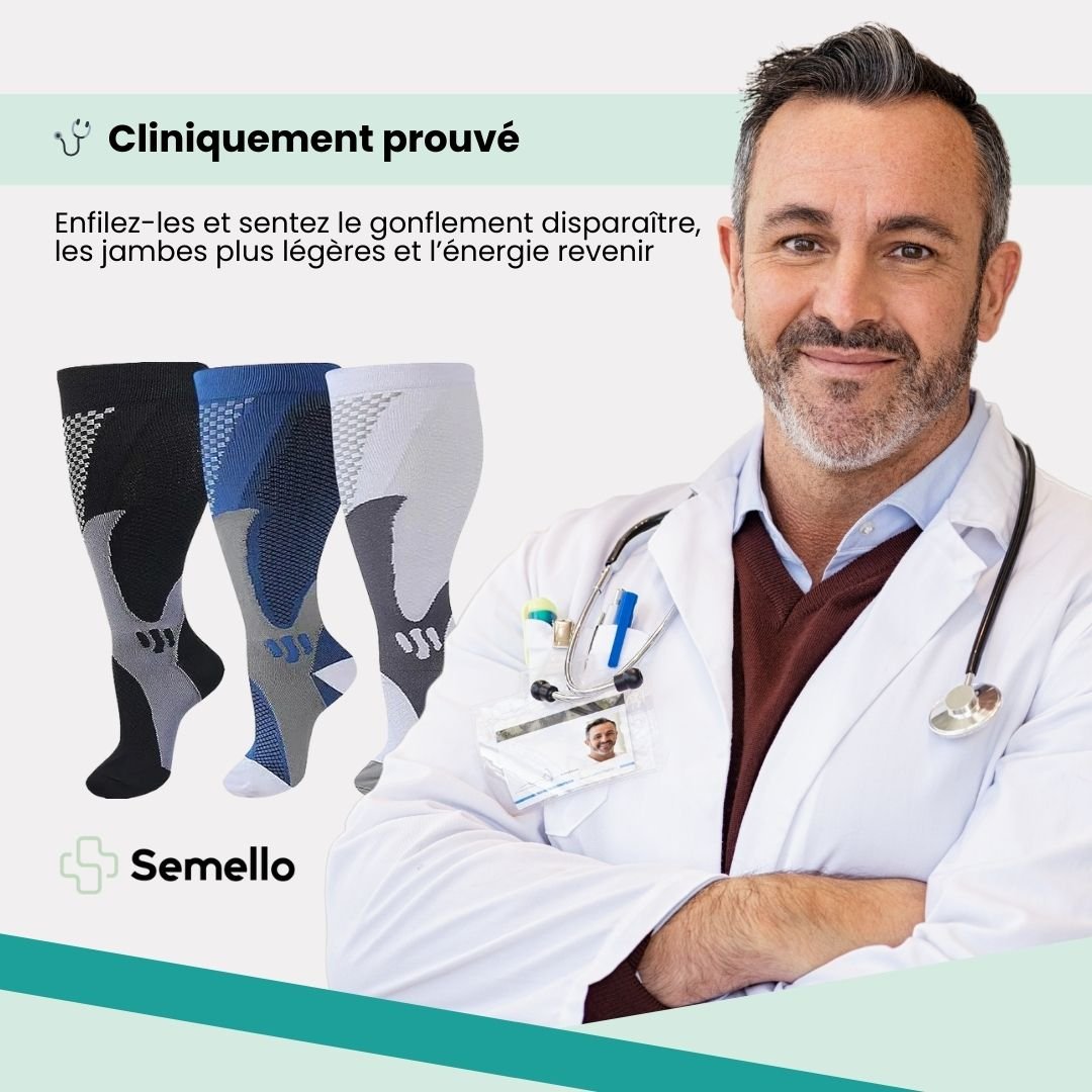 Plus size compression socks in 2XL to 4XL, worn up the calf, in black, white, gray or red