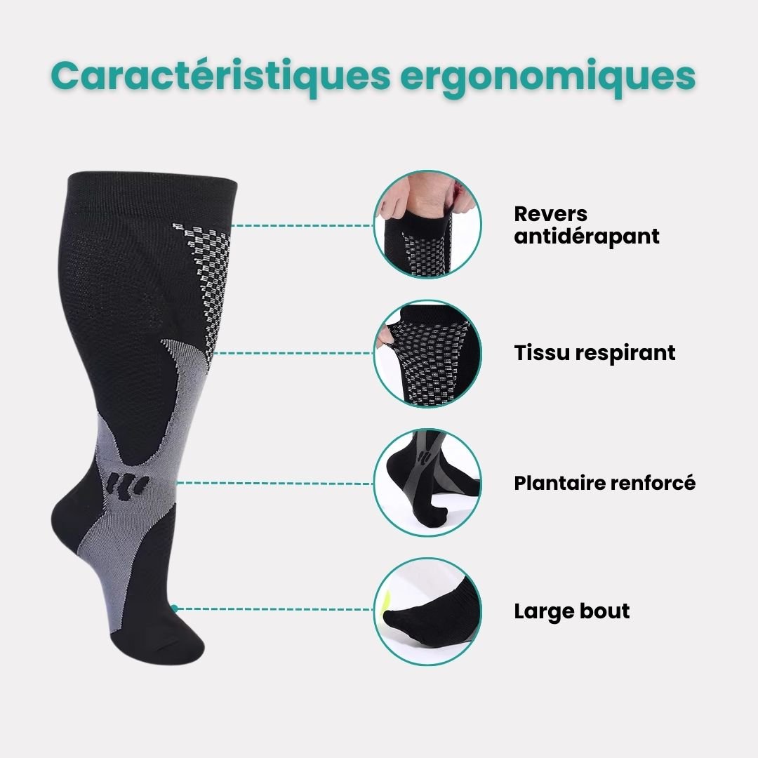 Plus size compression socks in 2XL to 4XL, worn up the calf, in black, white, gray or red