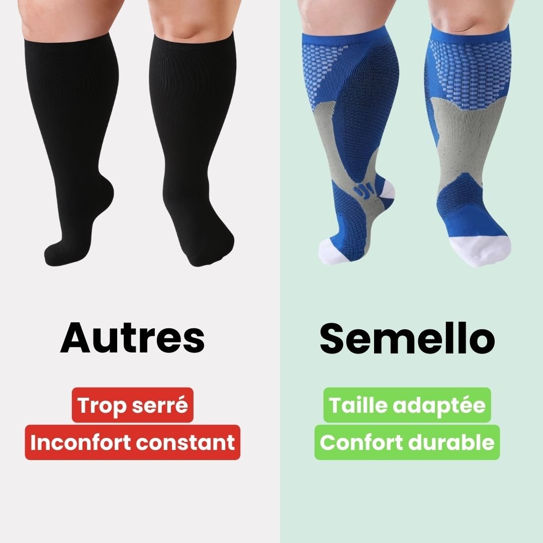 Plus size compression socks in 2XL to 4XL, worn up the calf, in black, white, gray or red