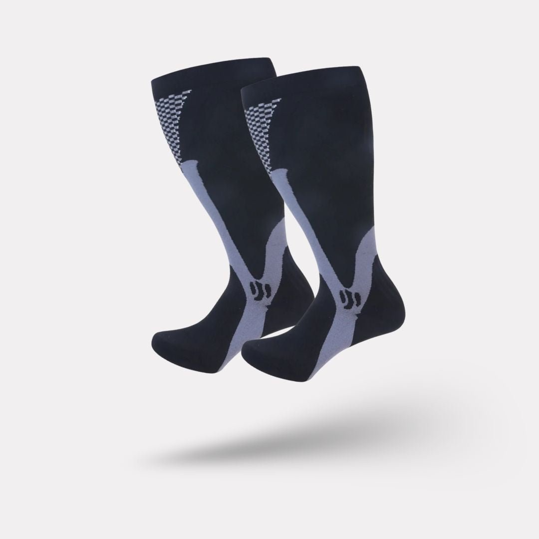 Plus size compression socks in 2XL to 4XL, worn up the calf, in black, white, gray or red