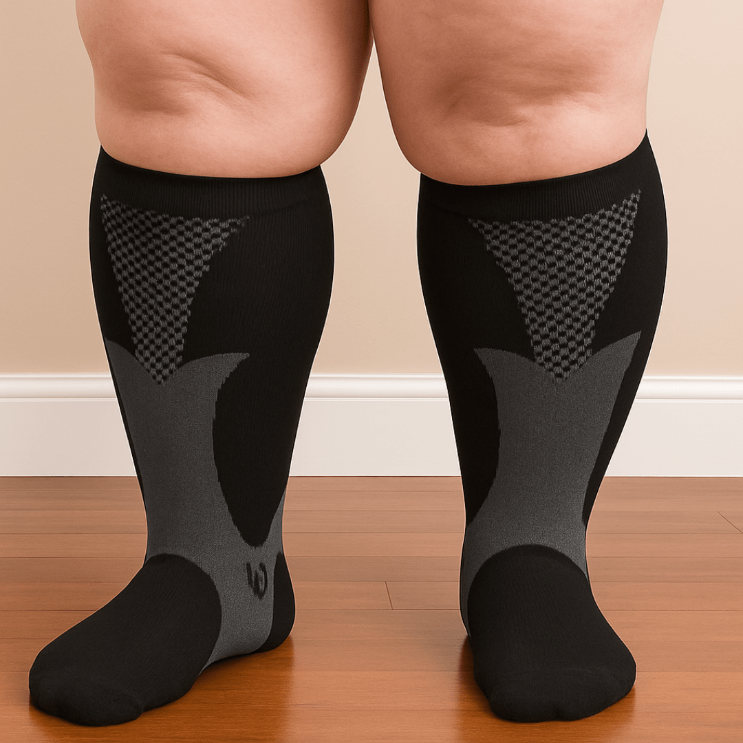 Plus size compression socks in 2XL to 4XL, worn up the calf, in black, white, gray or red