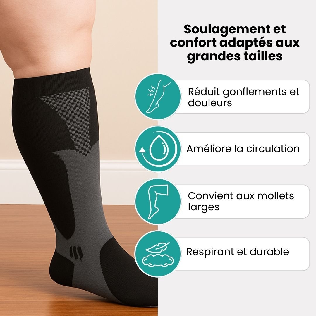 Plus size compression socks in 2XL to 4XL, worn up the calf, in black, white, gray or red