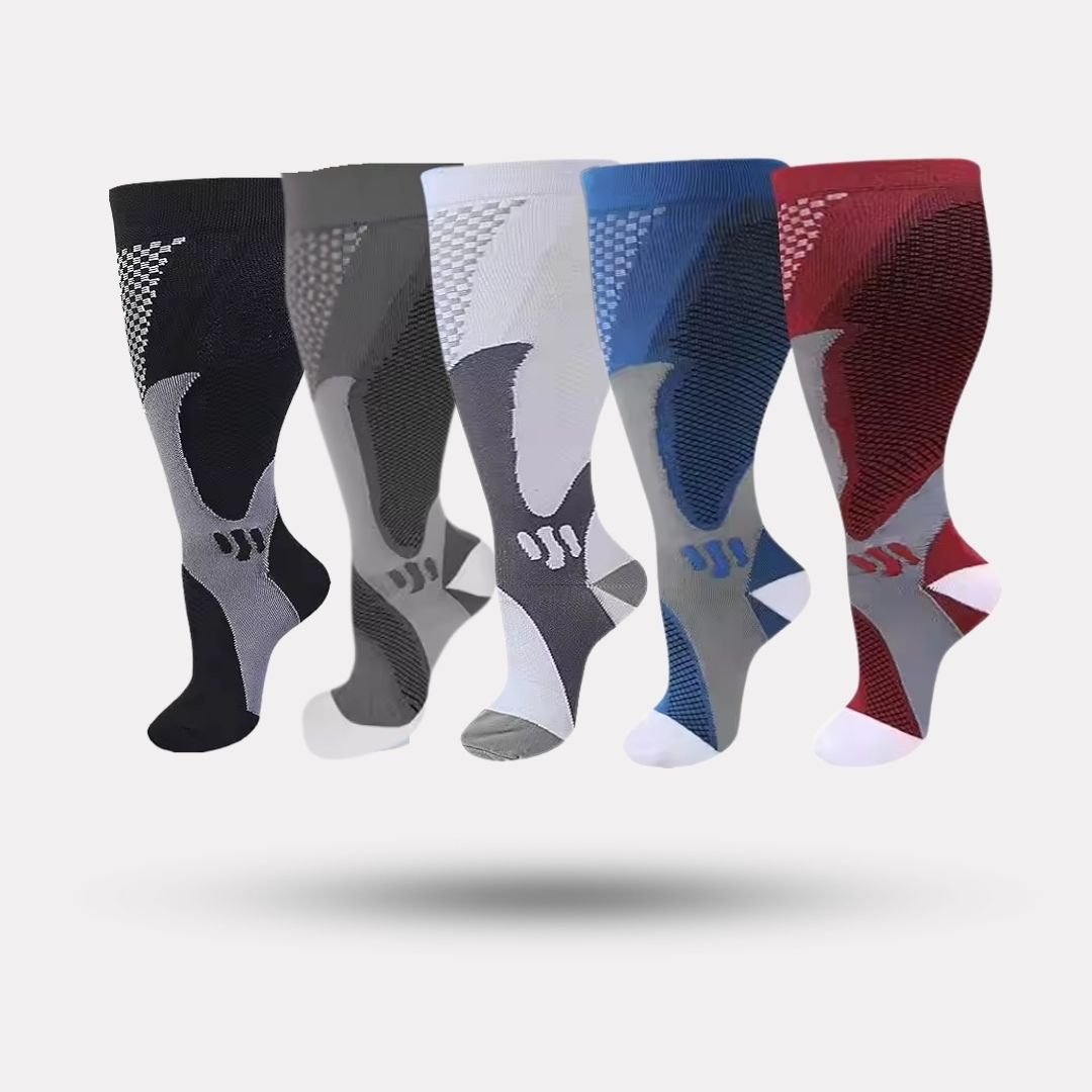 Plus size compression socks in 2XL to 4XL, worn up the calf, in black, white, gray or red