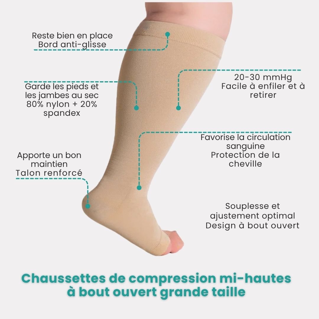 Open-toe compression socks in black and beige, knitted wide for fuller calves
