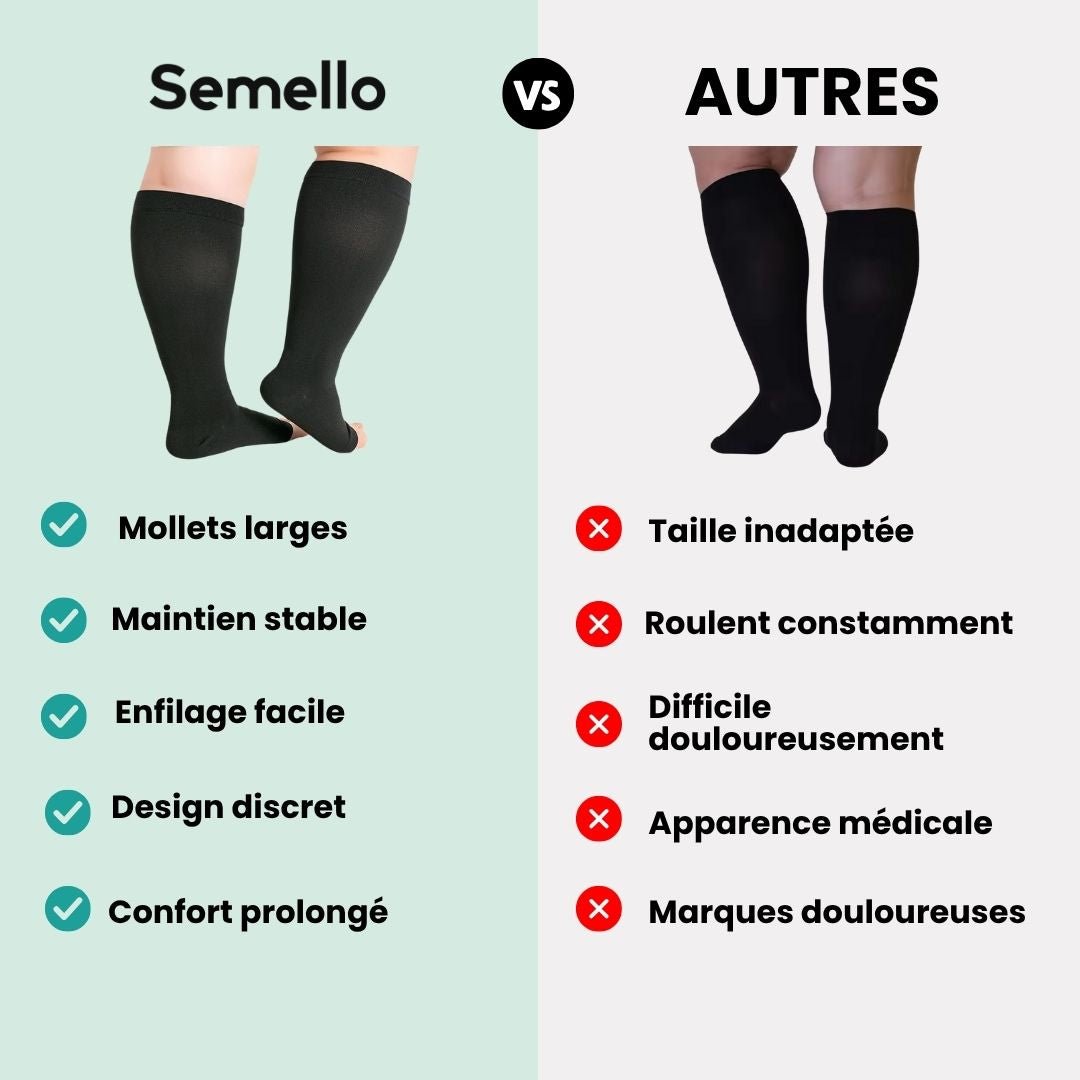 Open-toe compression socks in black and beige, knitted wide for fuller calves