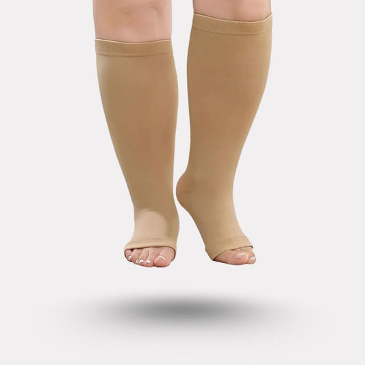 Open-toe compression socks in black and beige, knitted wide for fuller calves