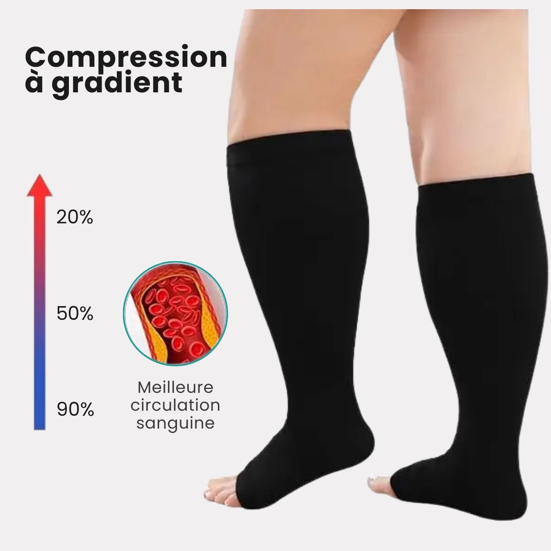 Open-toe compression socks in black and beige, knitted wide for fuller calves