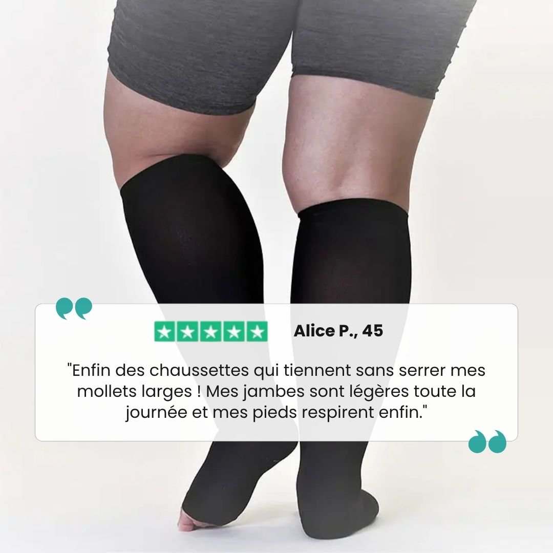 Open-toe compression socks in black and beige, knitted wide for fuller calves