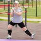Open-toe compression socks in black and beige, knitted wide for fuller calves
