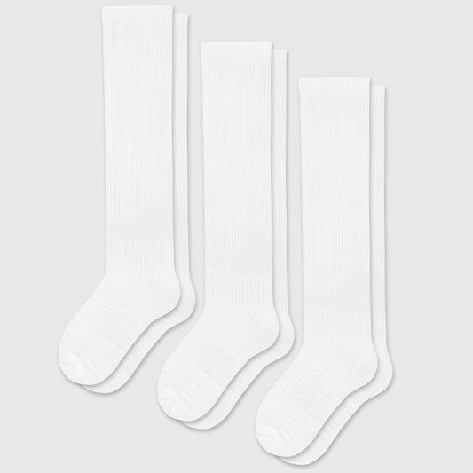 White seamless compression socks that stretch up the calf with no ridge at the toe