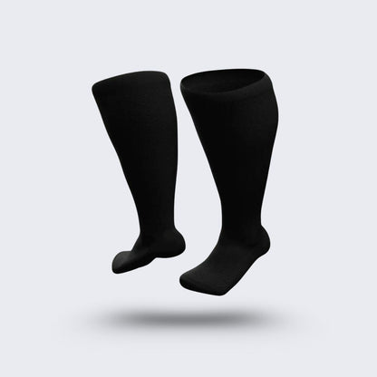 Black compression socks cut for wide calves with a graduated knit