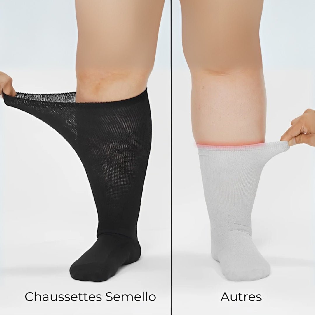 Black compression socks cut for wide calves with a graduated knit