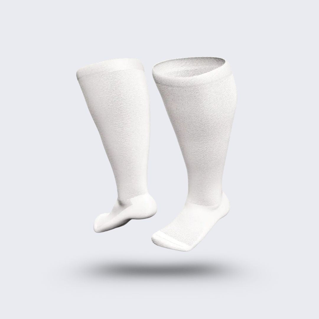 Black compression socks cut for wide calves with a graduated knit