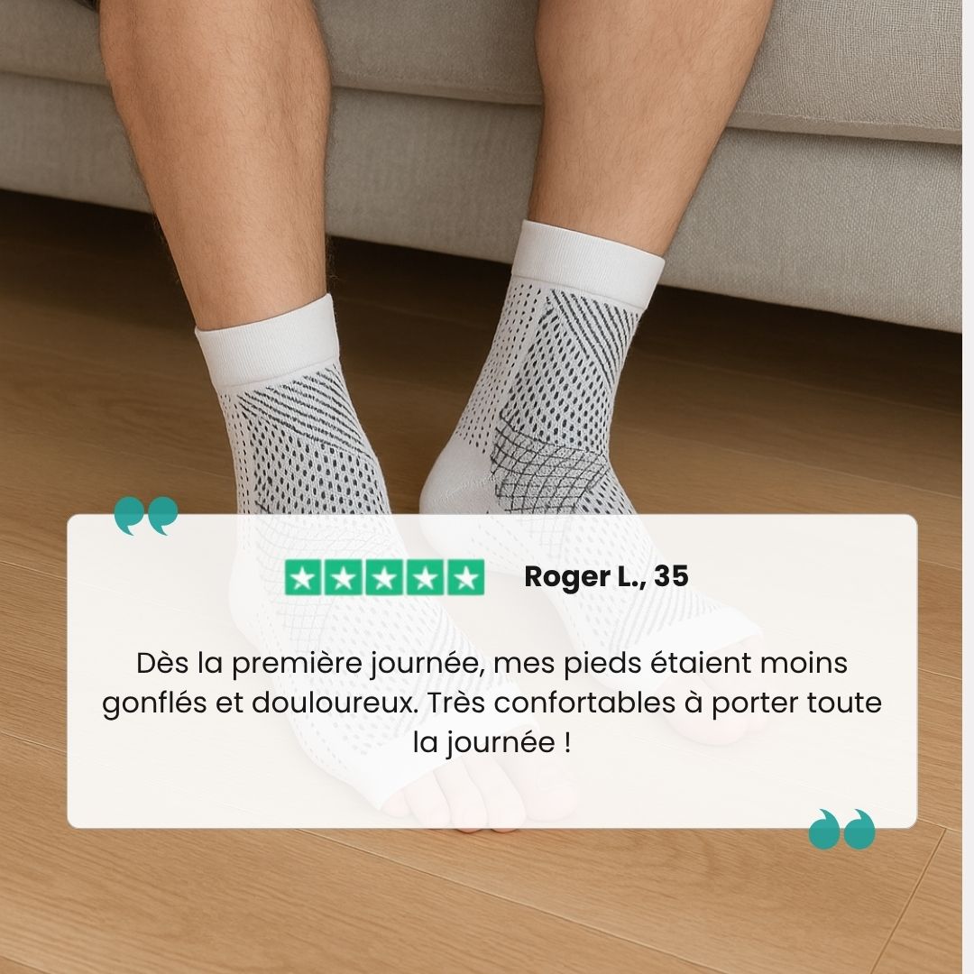 Knee-high therapeutic compression socks worn from the foot up to below the knee