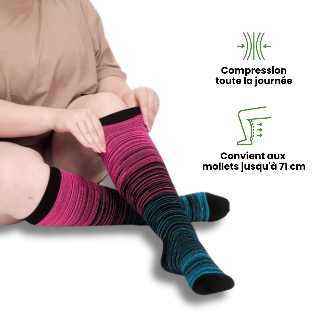 Two-tone 20-30 mmHg compression socks worn up the calf, in black, pink, blue and light blue