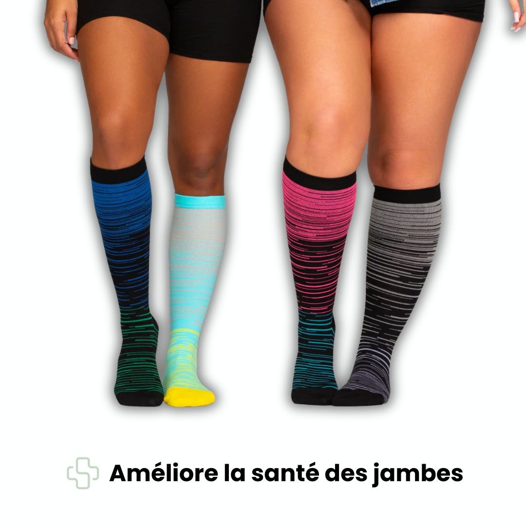 Two-tone 20-30 mmHg compression socks worn up the calf, in black, pink, blue and light blue