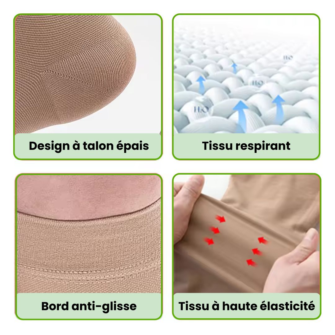 Breathable open-toe compression socks in black and beige, worn up the calf